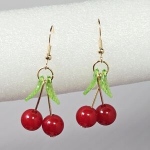 Cherry Drop Earrings 🍒 Red Resin Fruit Vintage Cute Gold Dangle Whimsical Y2K